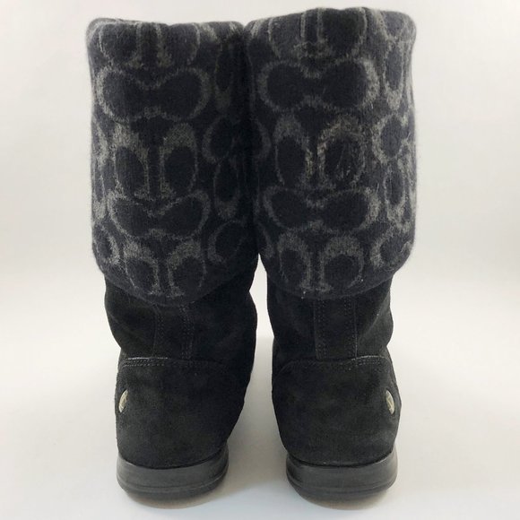 COACH Tatum Black Suede & Wool Foldover Signature Logo Mid-Calf Boots 8M - Picture 9 of 13